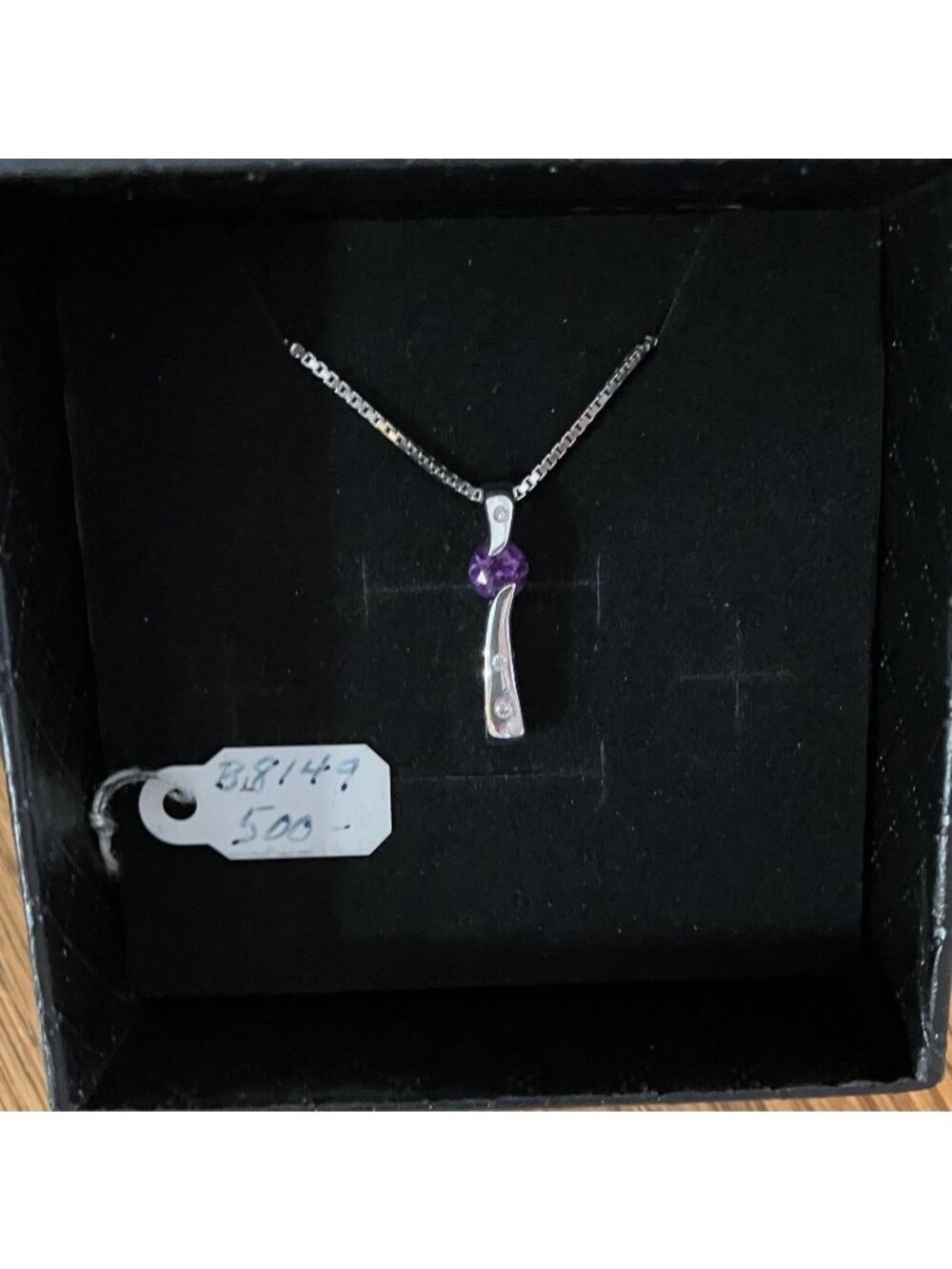Sterling Silver Amethyst Pendant Necklace w/Diamond Chips, 16” w/2” Extend
